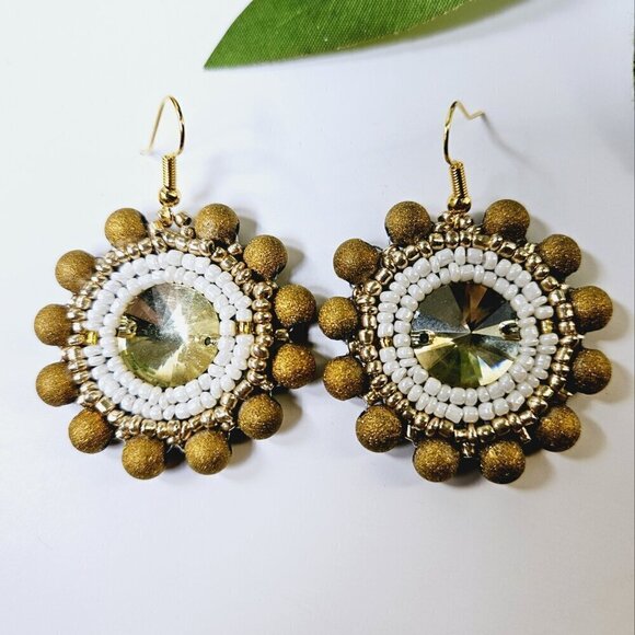 2/$27 | Gold Sparkle Shield Beaded Indigenous Native Hoop Earrings | Handmade - Picture 3 of 8